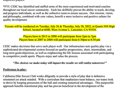 TRYOUT INFORMATION / JULY 2022