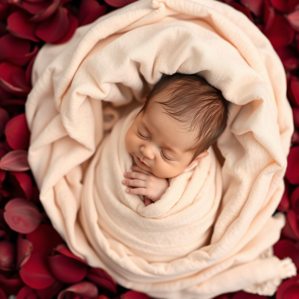 newborn wrapped in a soft cloth laid in burgundy petals.jpg