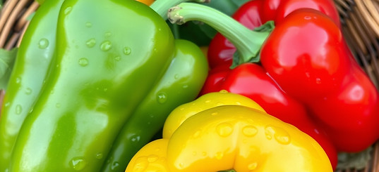 fresh healthy green, red and yellow capsicum with water droplets on them, from the garden