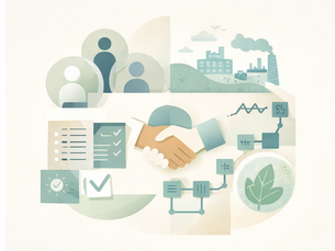 איור קונספטואלי בנושא ESG וקיימות עסקית הכולל לחיצת יד בין שני אנשים כסמל לשיתוף פעולה, דמויות עובדים, מפעל עם פליטת עשן, תרשימי נתונים, רשימות בדיקה וסמל עלה ירוק המייצג אחריות סביבתית.