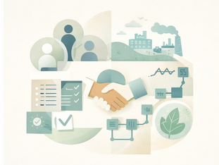 איור קונספטואלי בנושא ESG וקיימות עסקית הכולל לחיצת יד בין שני אנשים כסמל לשיתוף פעולה, דמויות עובדים, מפעל עם פליטת עשן, תרשימי נתונים, רשימות בדיקה וסמל עלה ירוק המייצג אחריות סביבתית.