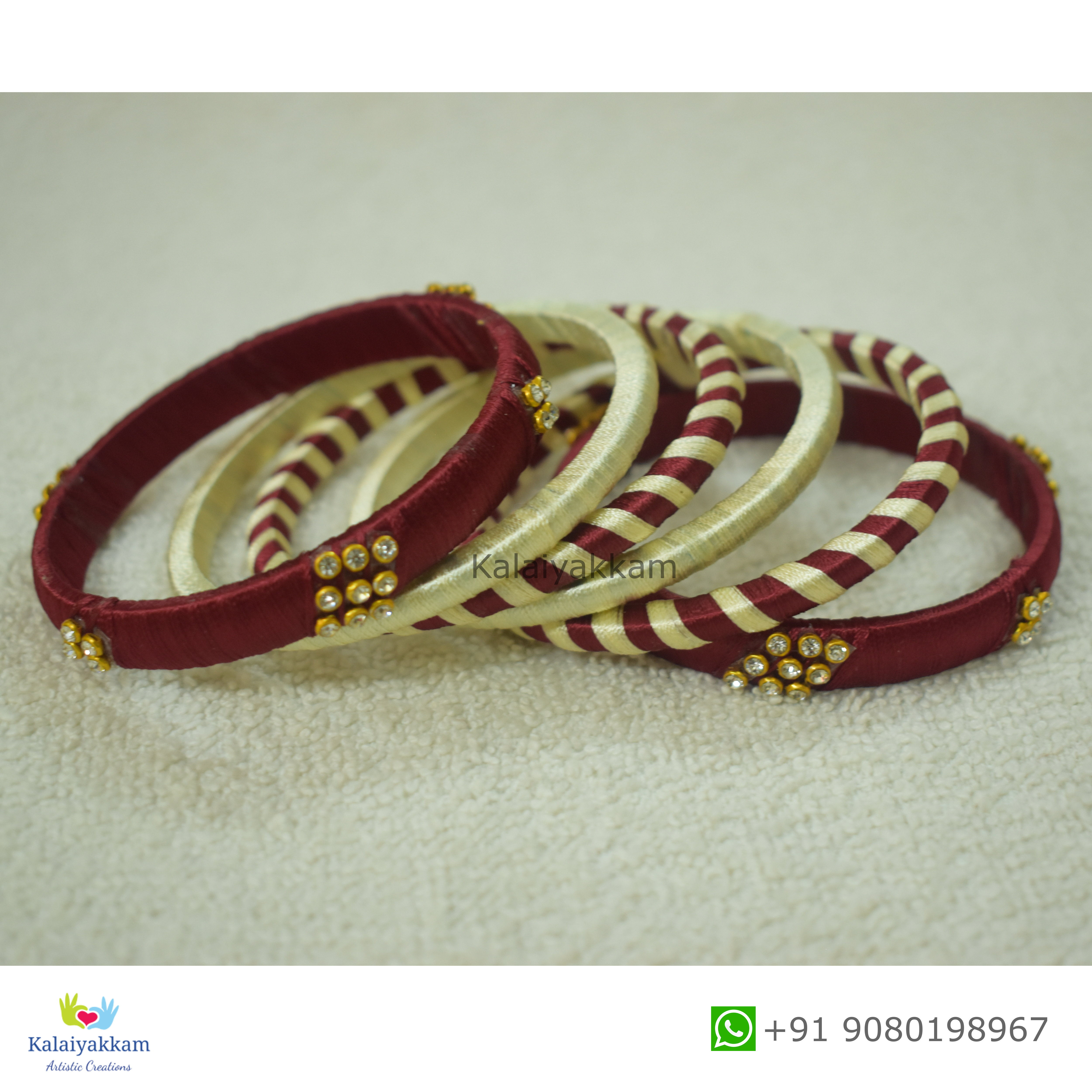 Silk Thread Bangles with Maroon and Cream Colour set of 6 Bangles