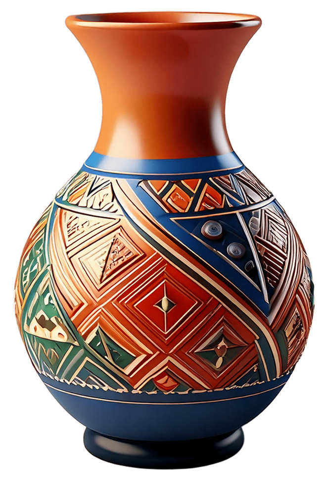 Firefly 3D indigenous vase, minimalist, smooth and rounded shapes, vibrant colors, traditi
