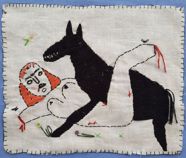 תמה גורן - פורטרט עצמי עם סוס - רקמה על פשתן - 2020