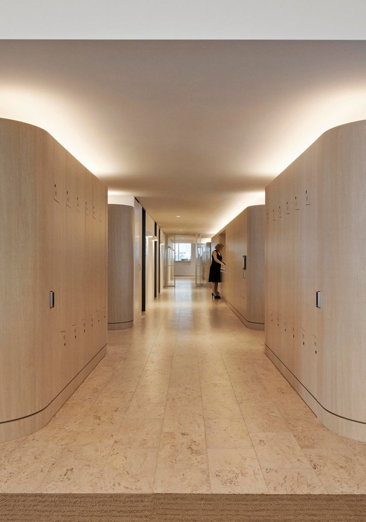 Corrs Chambers Westgarth, New Generation Cork, Calais Cream cork, hallway with storage cabinets on cork flooring