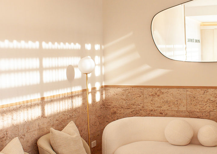 Avenue Dental, New Generation Cork, Calais Cream, Harvest Collection, Sienna, Marble Cork, room with lounge and chairs on cork floor and cork wall, cork tiles Sydney