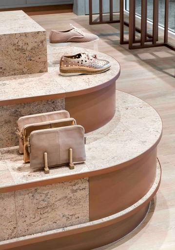 Mott & Mulberry, New Generation Cork, Calais Cream, Harvest Collection, Sienna, Marble Cork, store display stand with shoes and bag, cork flooring Canberra