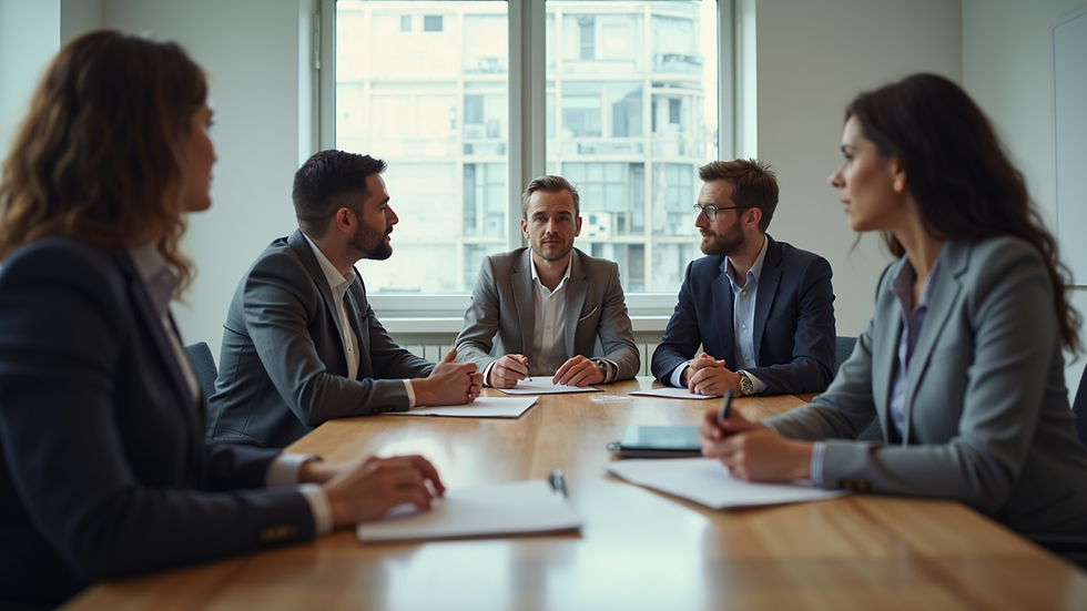 Eye-level view of a meeting room with diverse team members discussing strategy