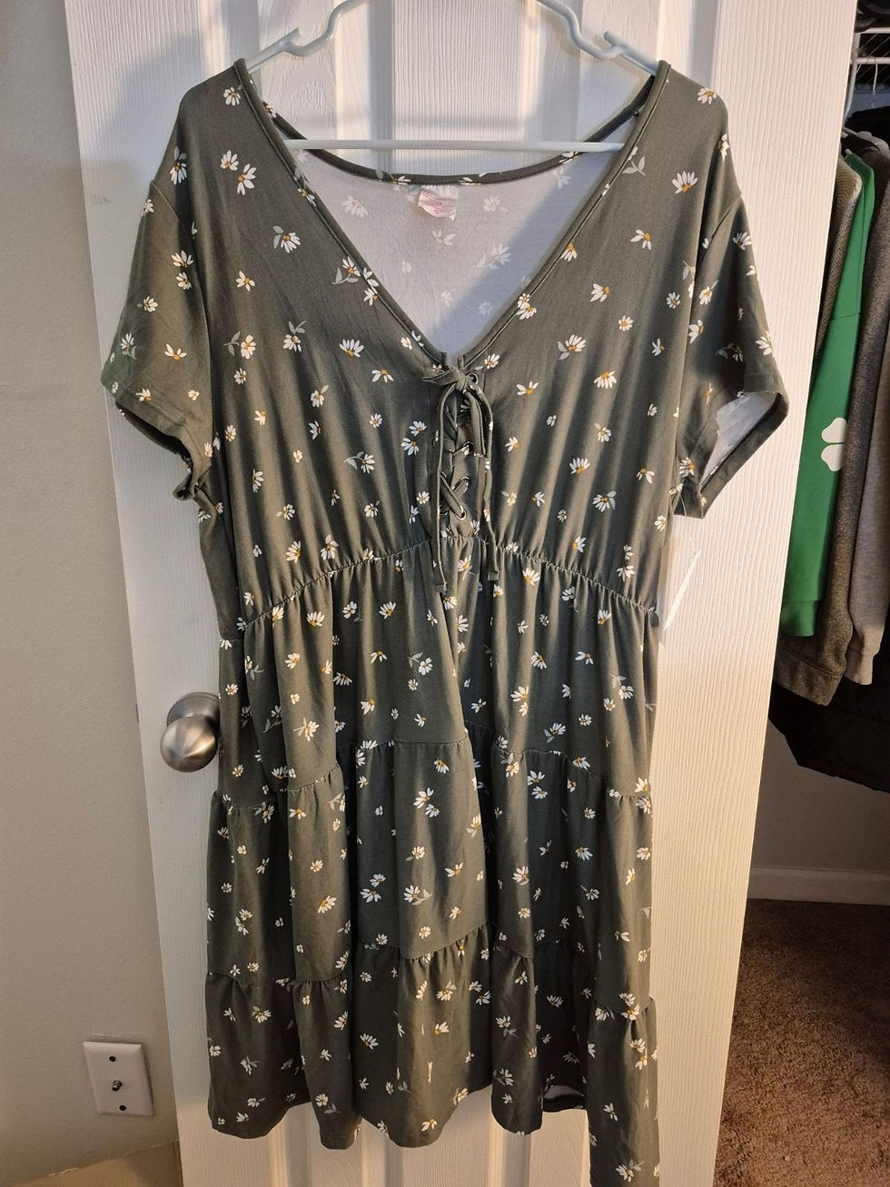 Olive green v-neck dress with white floral pattern