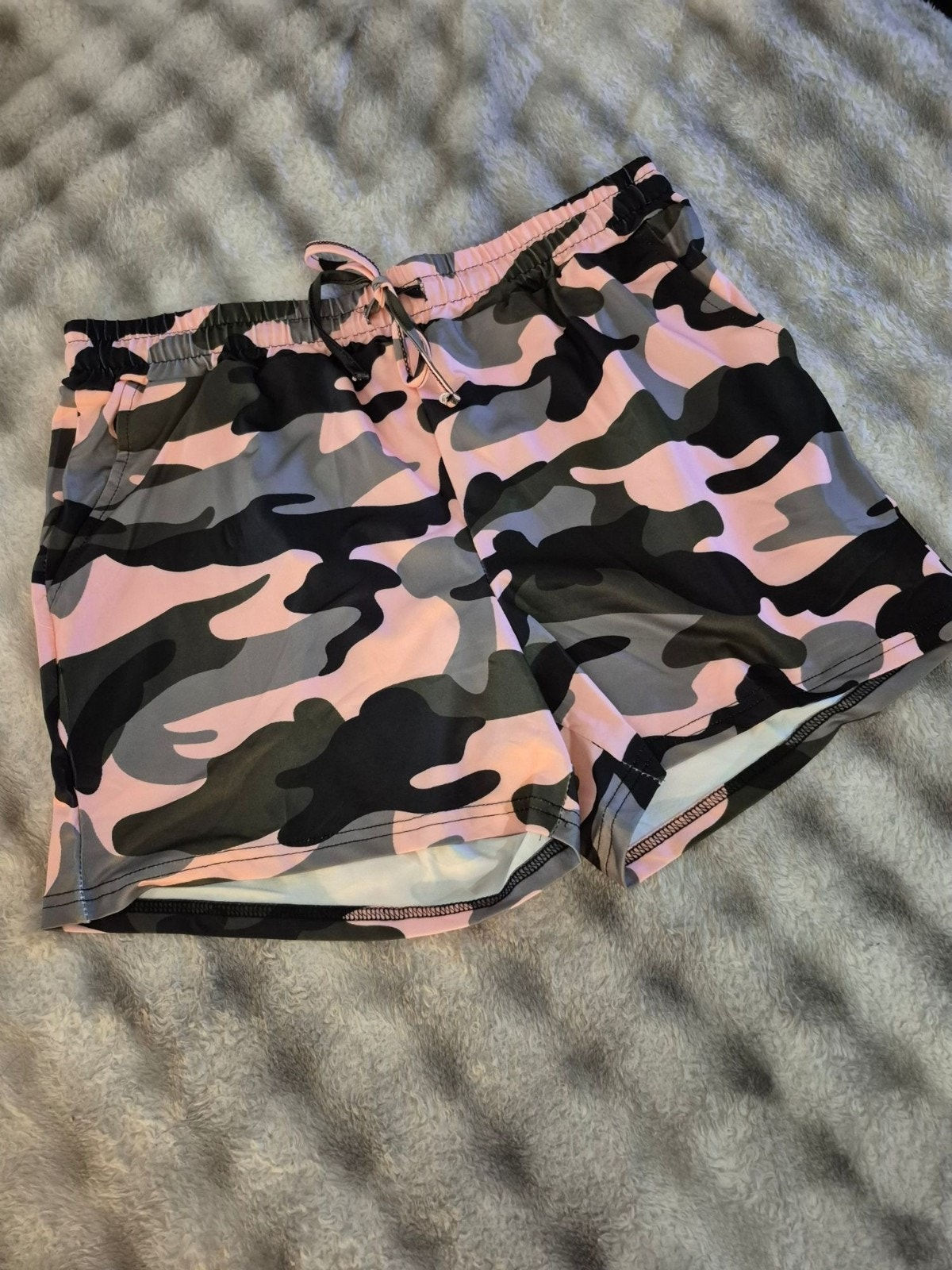 Pink and grey camouflage shorts with drawstring