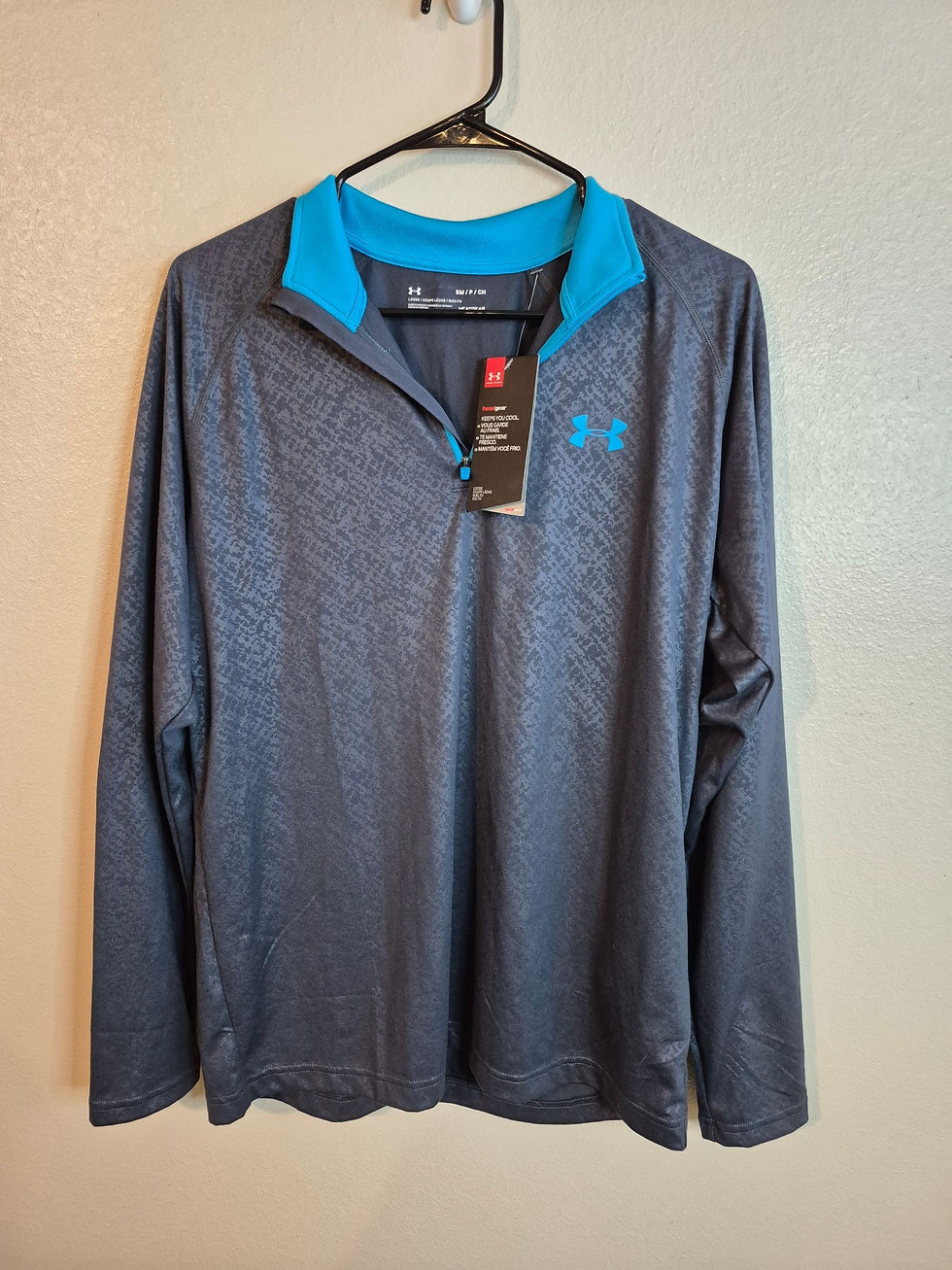 Under Armour gray long-sleeve quarter-zip with blue collar