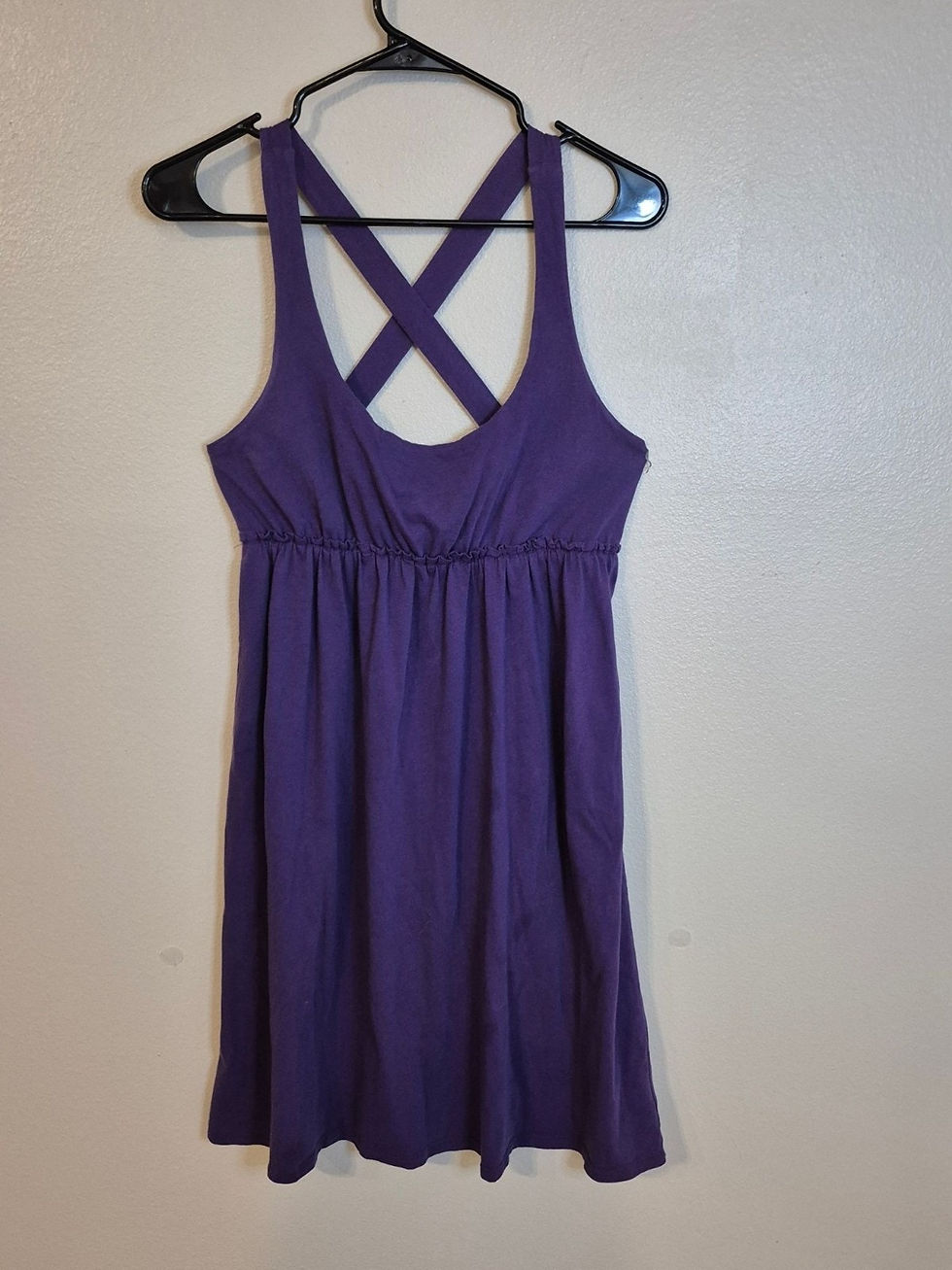 Purple tank dress with gathered waist and criss-cross straps