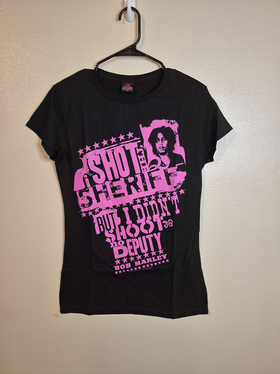 Black Bob Marley t-shirt with pink 'I Shot The Sheriff' graphic