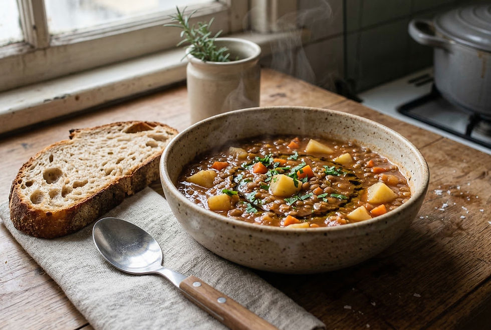 Guiso de lentejas vegetariano servido en un bowl, con textura espesa y verduras visibles, acompañado de pan tostado al costado.