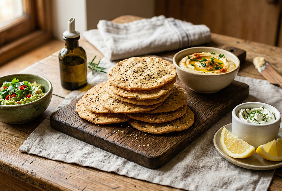 Crackers crocantes con harina de lentejas, acompañadas con diferentes dips: guacamole, hummus, queso crema.