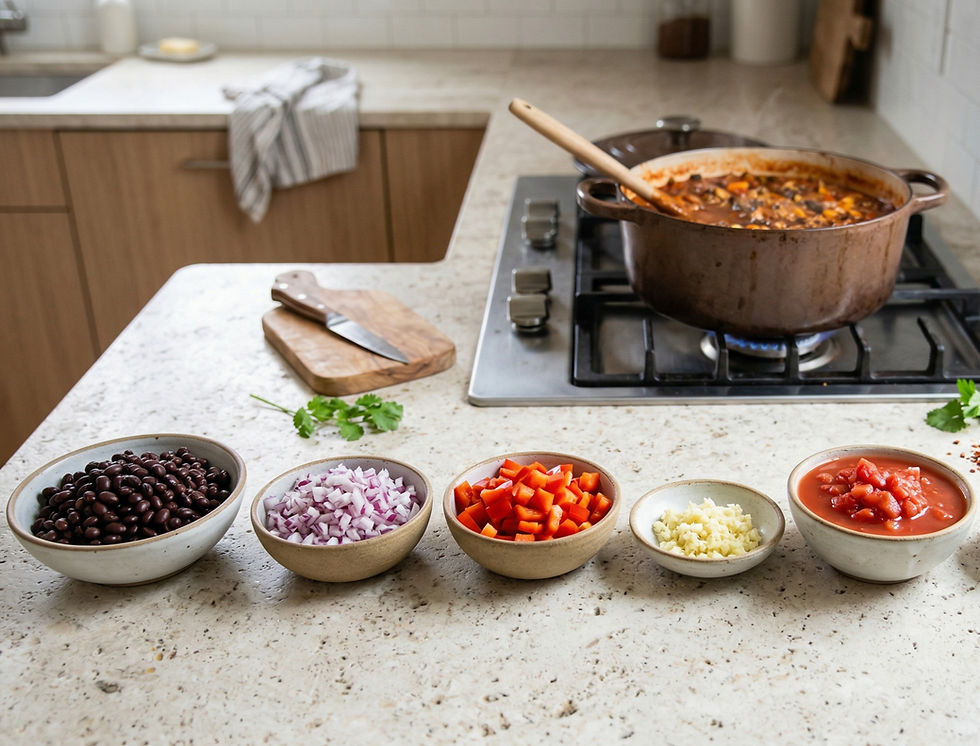 Vegetarian black bean chili cooking in a pot, with chopped ingredients ready to use