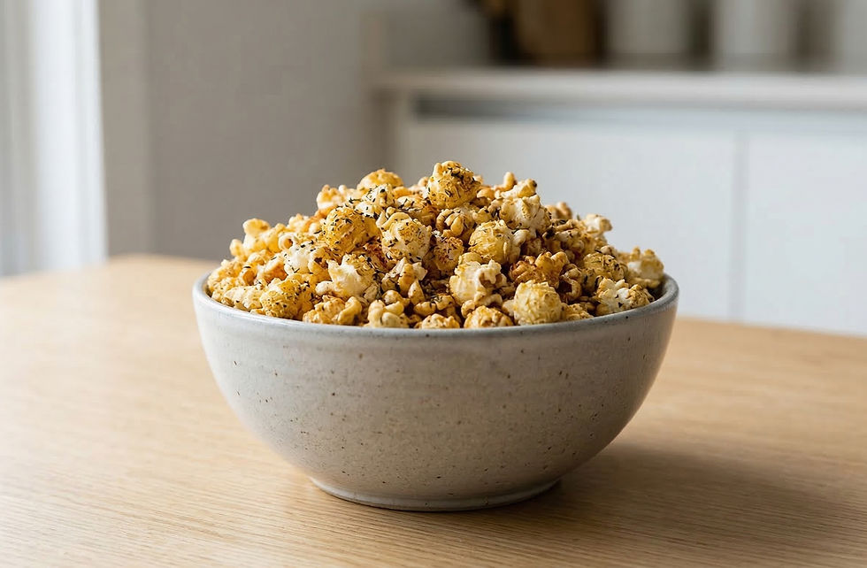 Pochoclos saborizados agridulces en bowl, snack casero crocante ideal para picar