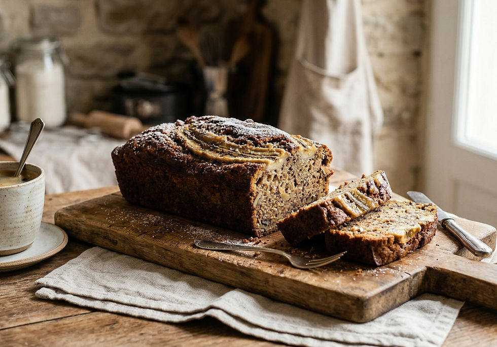 Budín de banana con harina de garbanzos dorado y esponjoso, acompañado de una taza de café