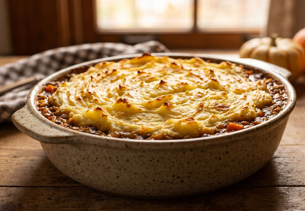 Pastel de papa con lentejas dorado al horno, servido en fuente, con capa de puré gratinado