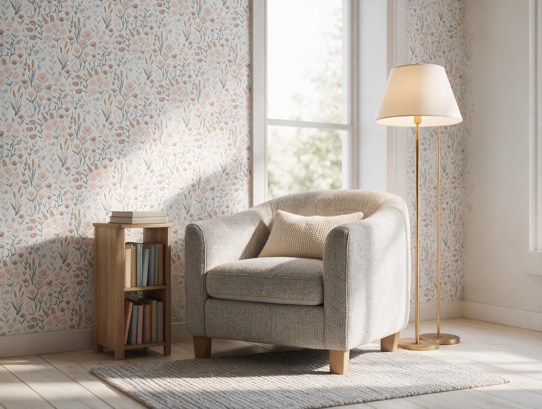 Sala de leitura com Papel de Parede Água de Flores personalizado da Housed