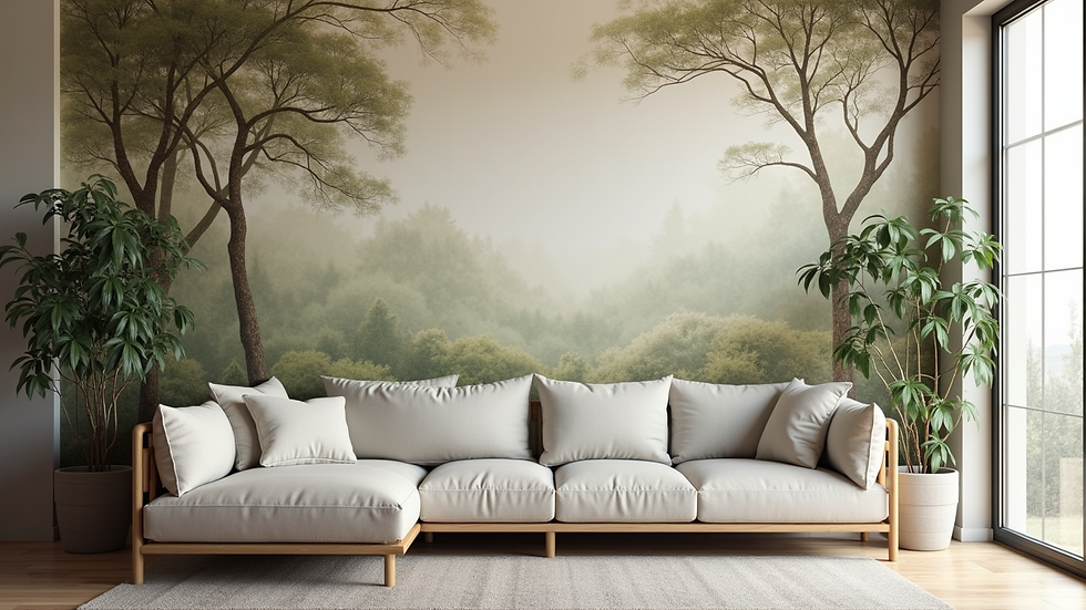 Close-up view of a living room wall with a large nature-themed wallpaper panel