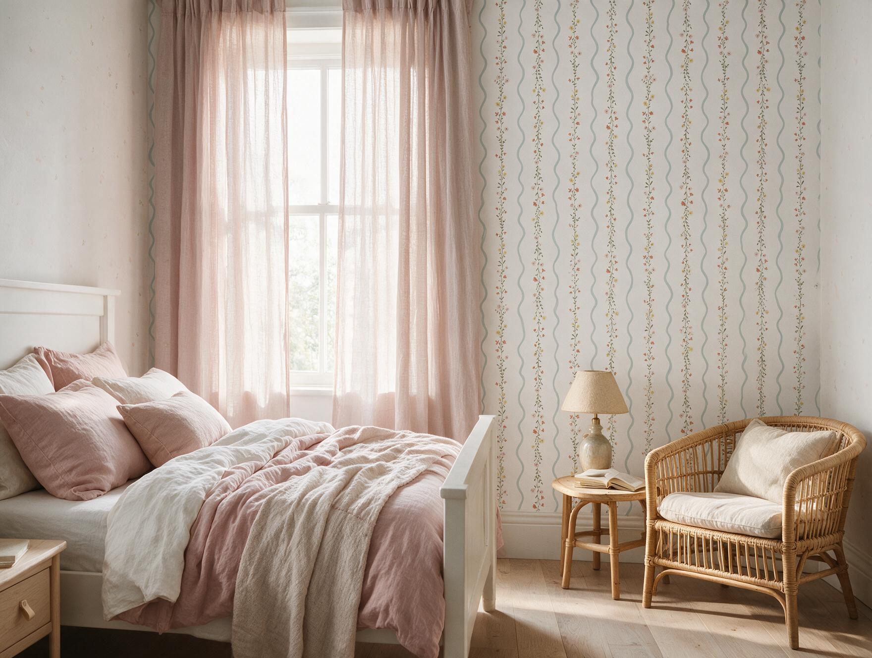 Quarto infantil feminino com papel de parede Fita de Flores da Housed