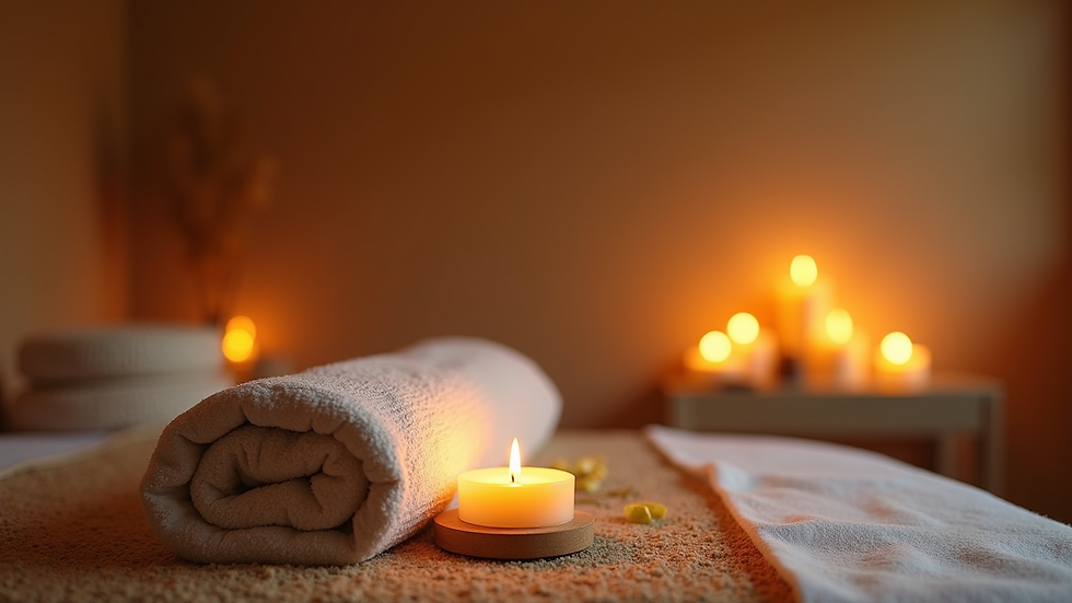 Eye-level view of a serene massage room with Ayurvedic oils and candles
