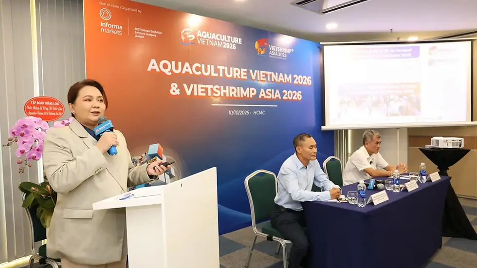 Press conference announcing Aquaculture Vietnam 2026 and VietShrimp Asia 2026 with industry speakers