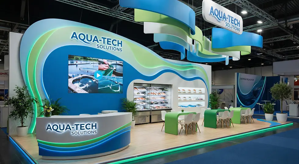 High-tech aquaculture exhibition booth design for B2B seafood businesses