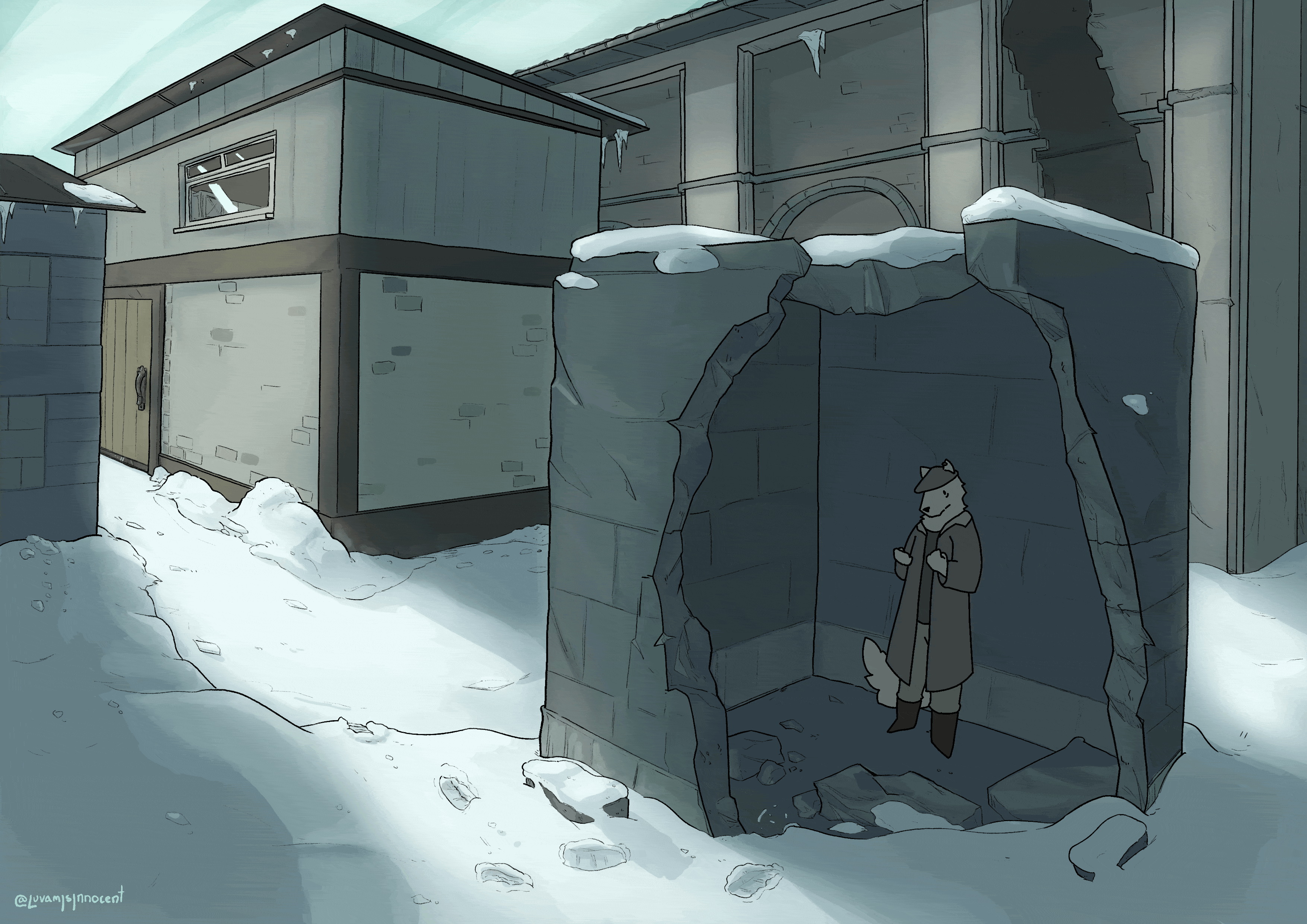 An anthropomorphic fox character turning into an actual fox before being shunted back to his bipedal form inside the ruins of an outpost.