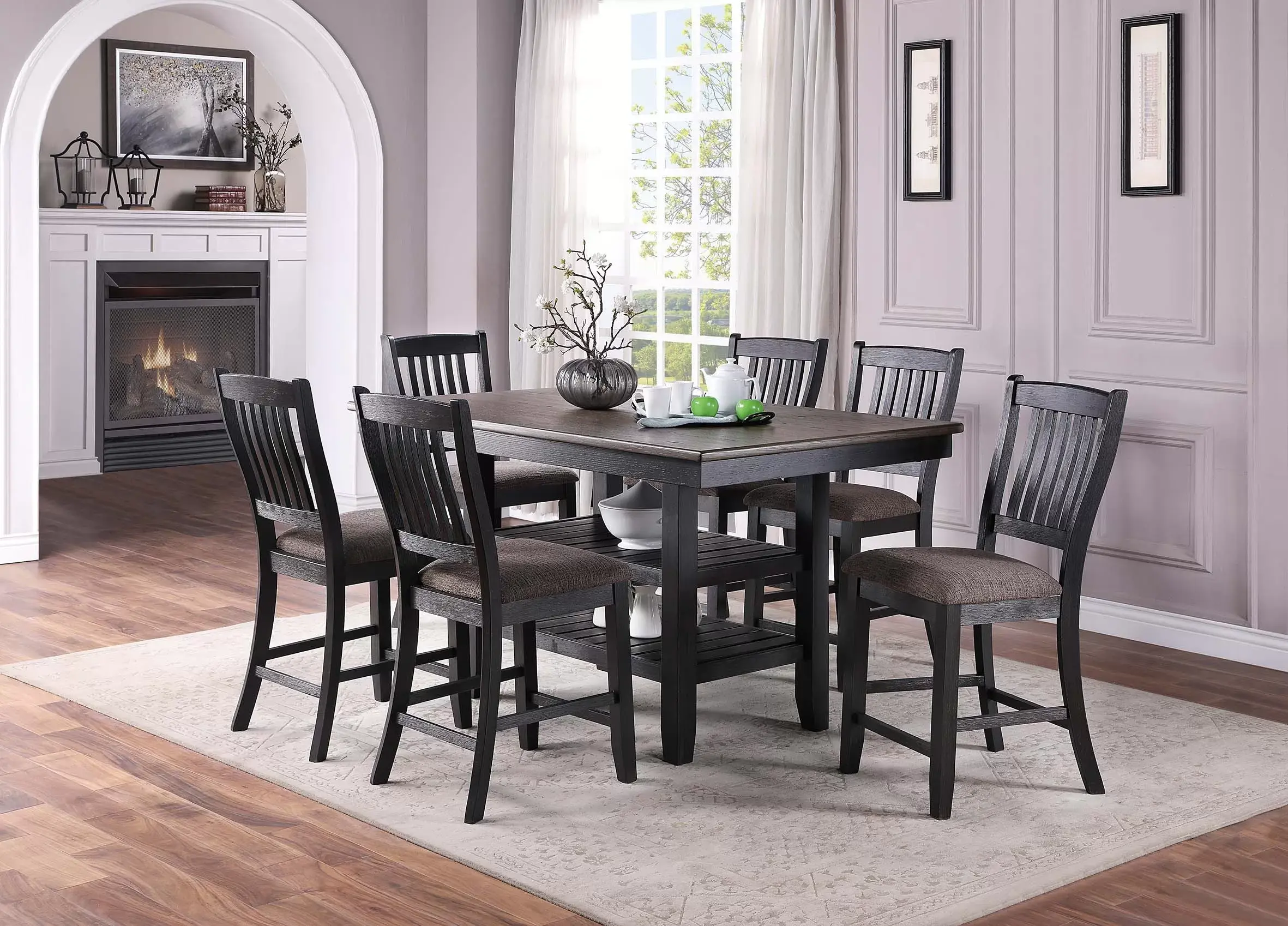 7PCS. TWO TONE Counter Height Table Under-Table Shelf x 2 +6 HIGH CHAIRS
