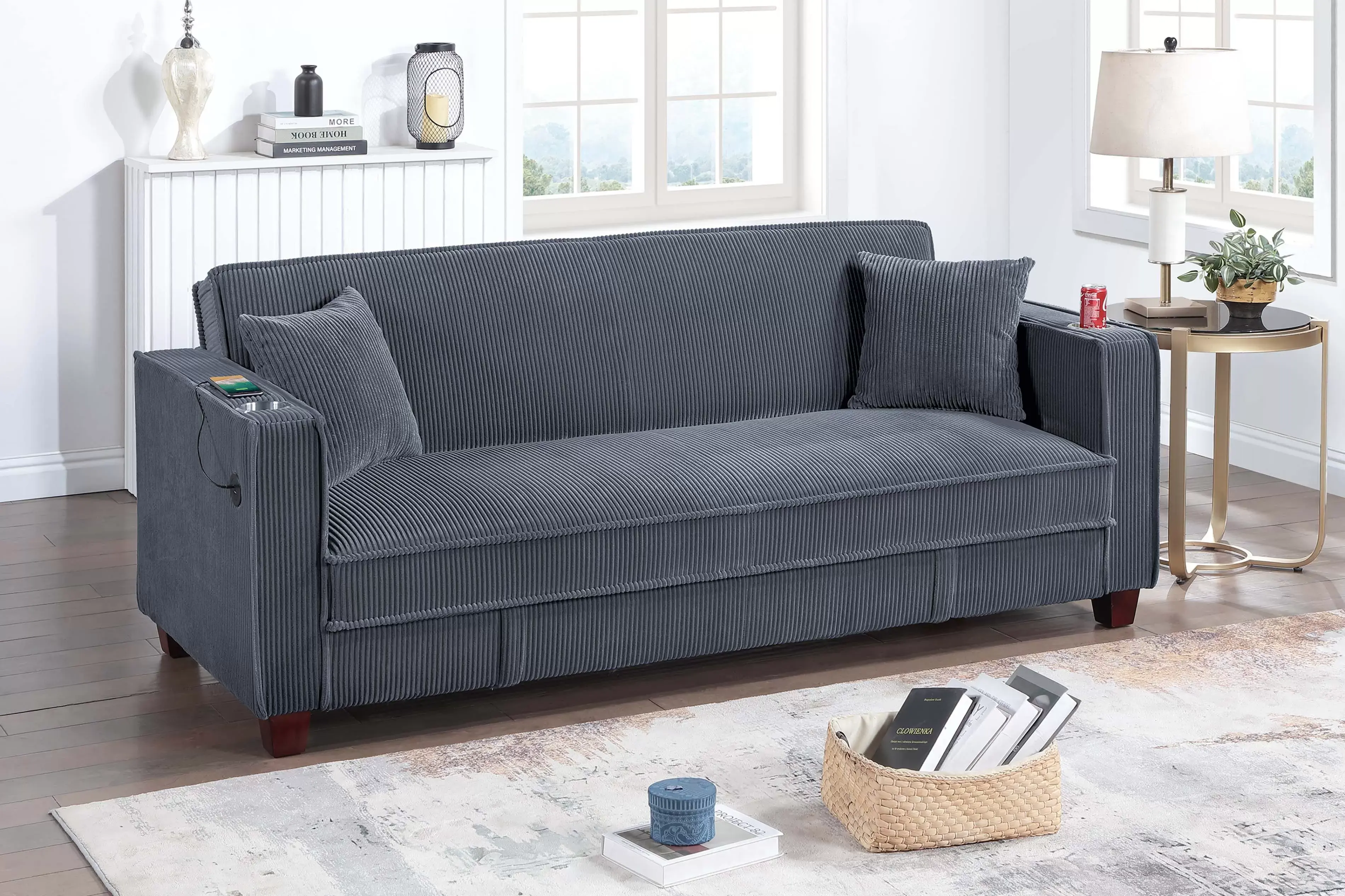 Convertible Sofa Hidden Storage + Cup Holder + USB Ports