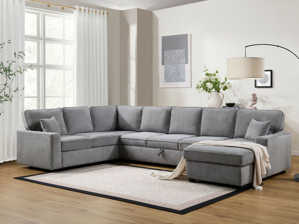 Samara 137"W Gray Chenille Sectional Sofa with Right-Facing Chaise, Underseat St