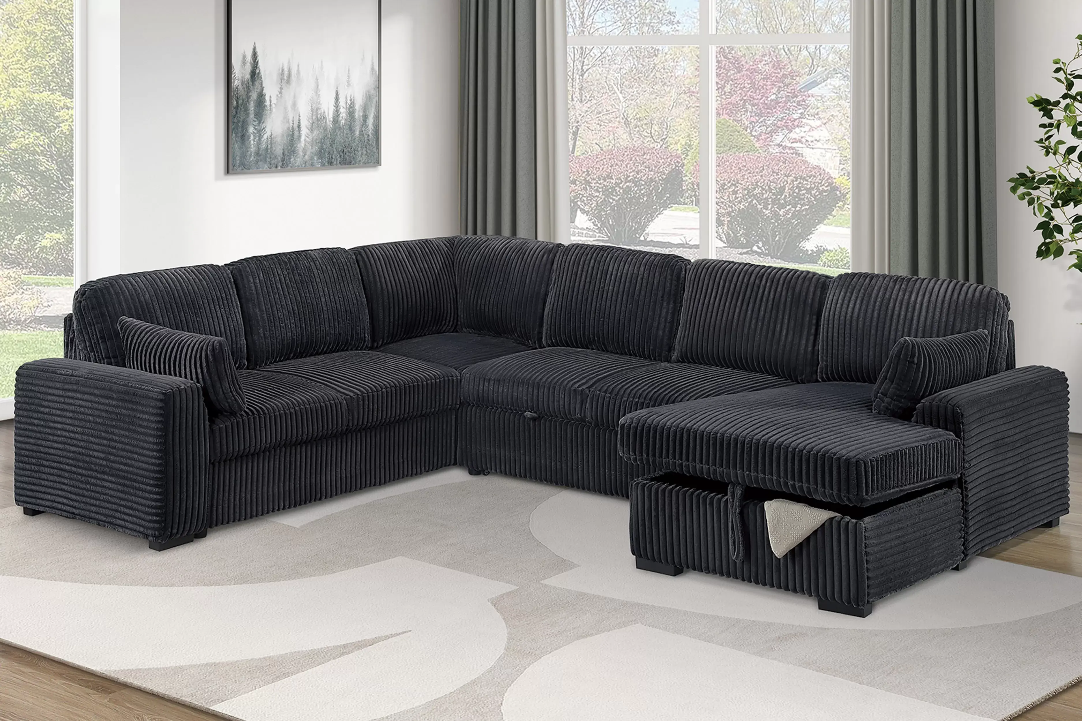 4-Piece Convertible Sectional Set Sleeper Sofa W/ Pull-Out Bed + RAF Chaise Stor