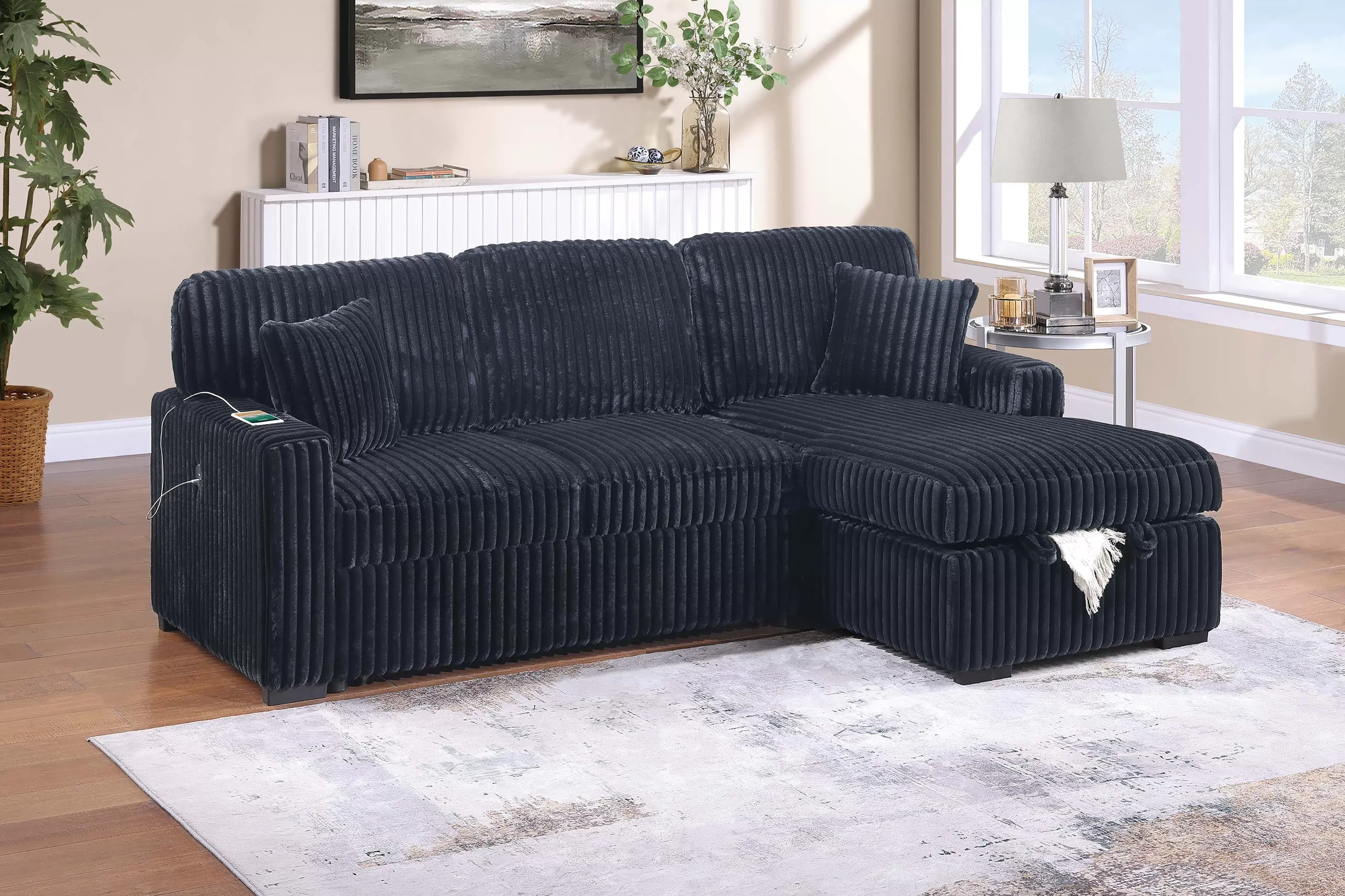 Convertible Sectional Pull Out Sofa with Fold Down Table & Cup Holder + USB Port