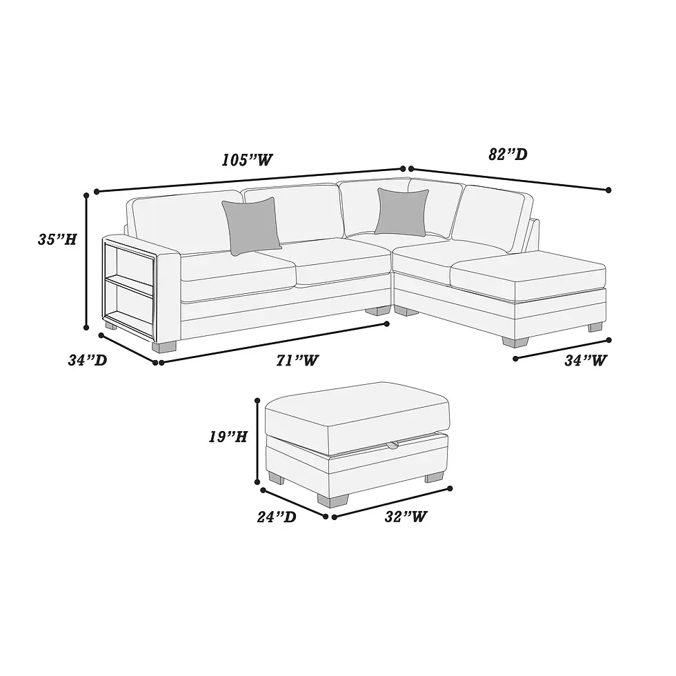 Thumbnail: 3-Piece Reversible Sectional Set W/ Ottoman Reversible Chaise + Sofa W/ Built-In