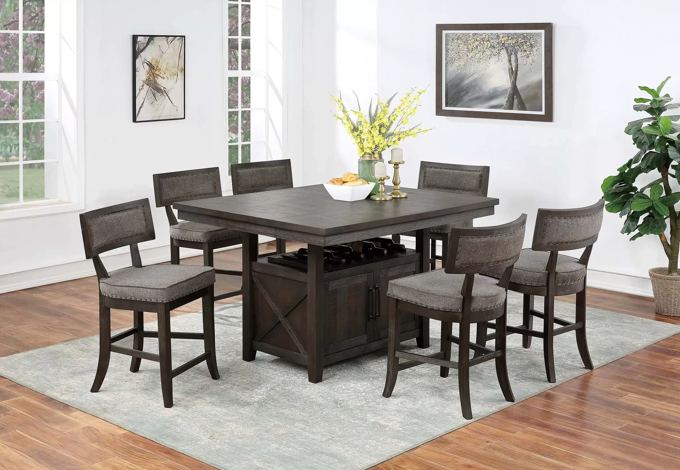 7-PCS. Counter Height Table + 6 HIGH CHAIRS, Built in Leaf + Under-Table Storage