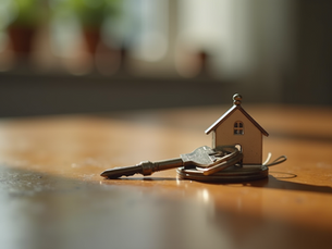 A set of keys with a wooden house keychain