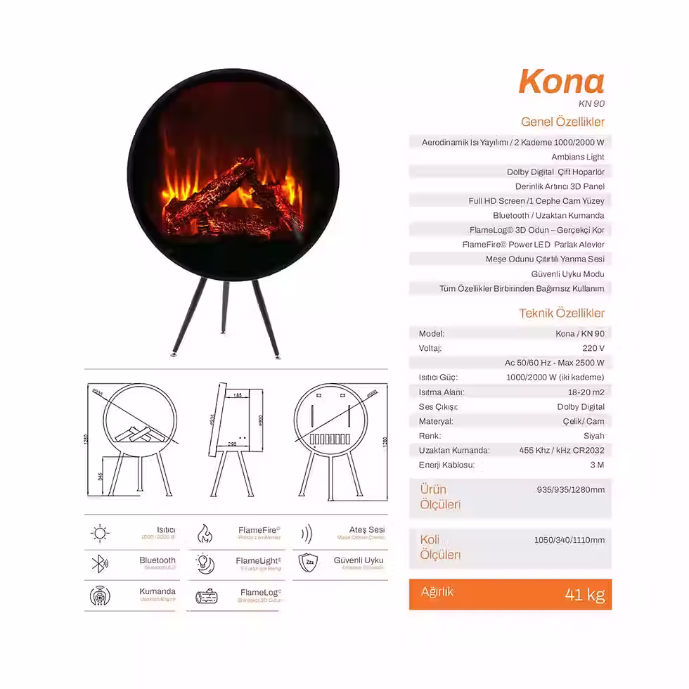 Küçük resim: Flameline Kona KN 90 Elektrikli Şömine