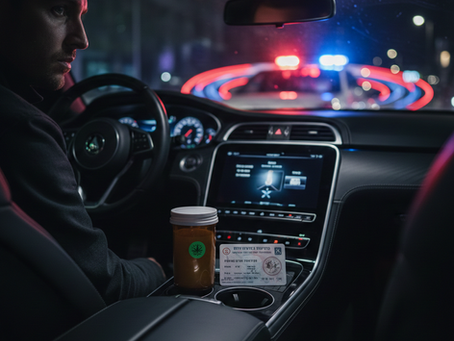 רישיון קנאביס רפואי ברכב וניידת משטרה ברקע – ייעוץ משפטי לעורך דין תעבורה