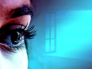 Eye observing and evaluation, blue background and opened window