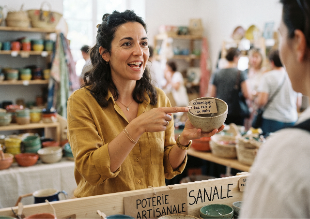 Salesperson pointing a ceramic handmade bowl to a buyer