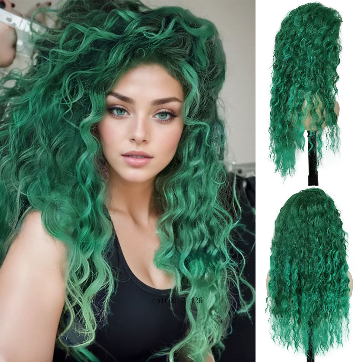 Green Wigs Costume for Women Synthetic Hair Long Curly Wig Natural Water