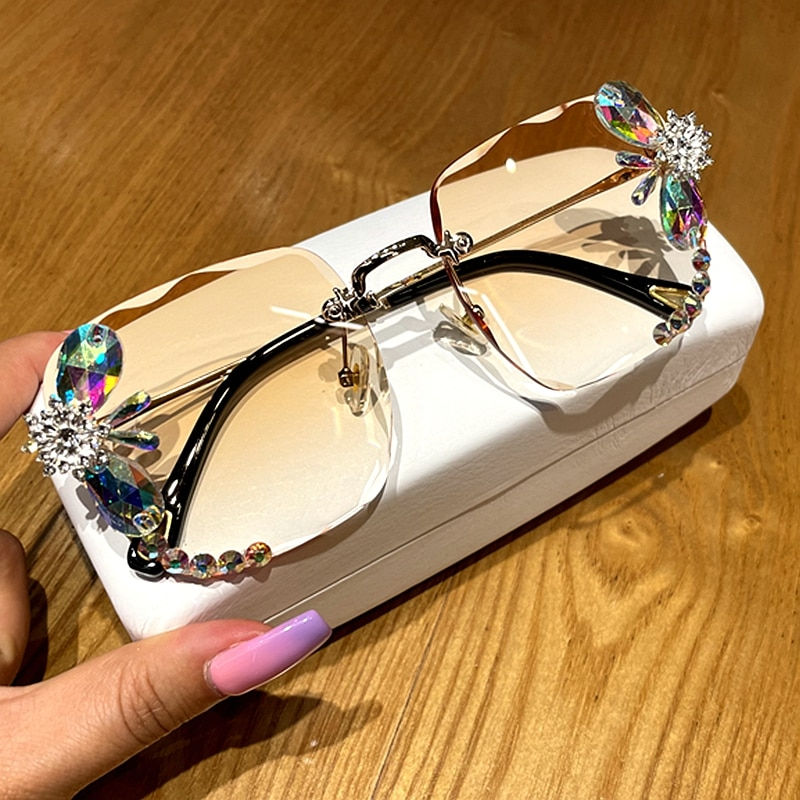 Miniature :  Rimless rhinesotne sunglasses Shades For Women Summer oculos