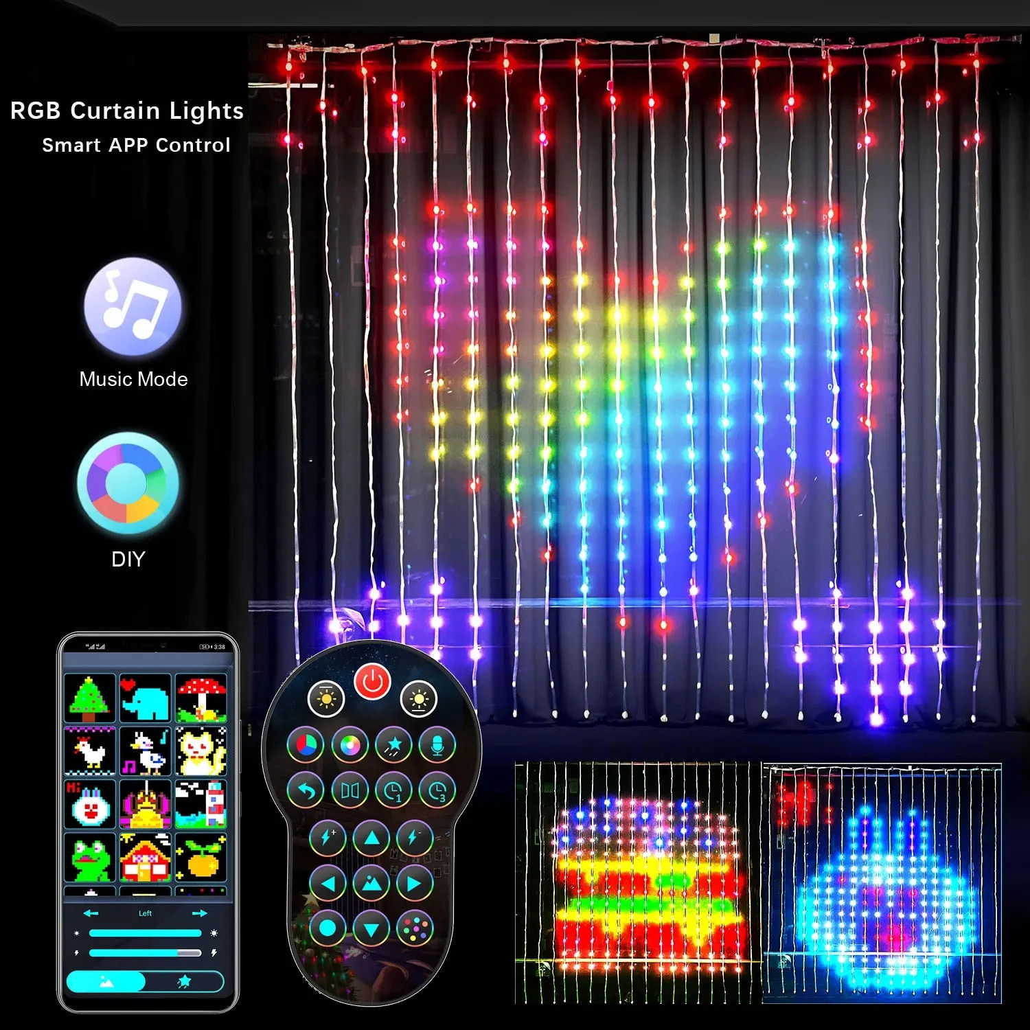 Smart LED RGB Curtain String Lights Bluetooth APP Control Christmas Fairy Light 