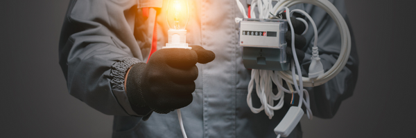 Electrician is holding in hands a burning light bulb close up on dark background