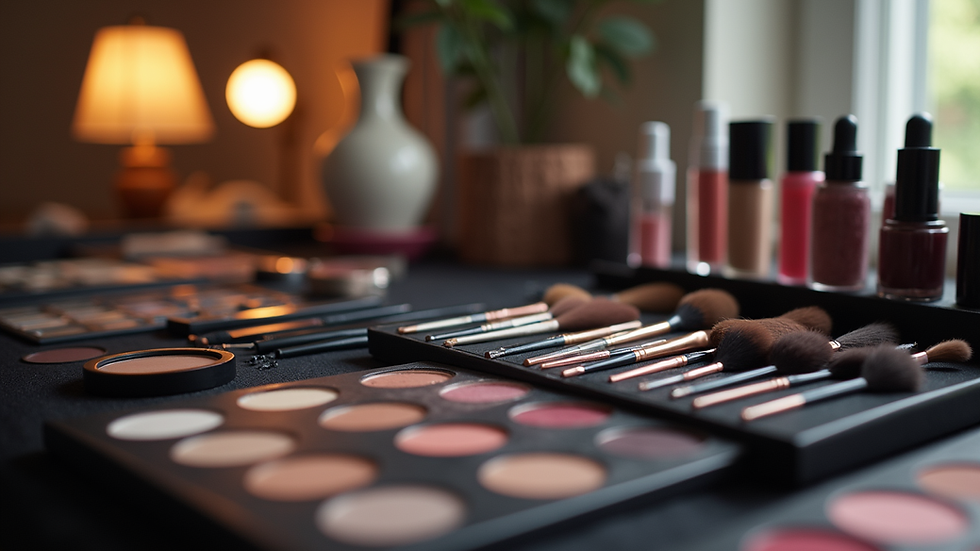 Eye-level view of makeup artist’s kit with brushes and cosmetics