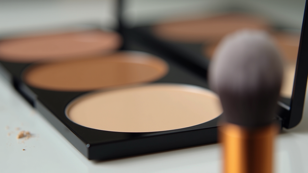 Close-up view of makeup brushes and foundation palette on a table