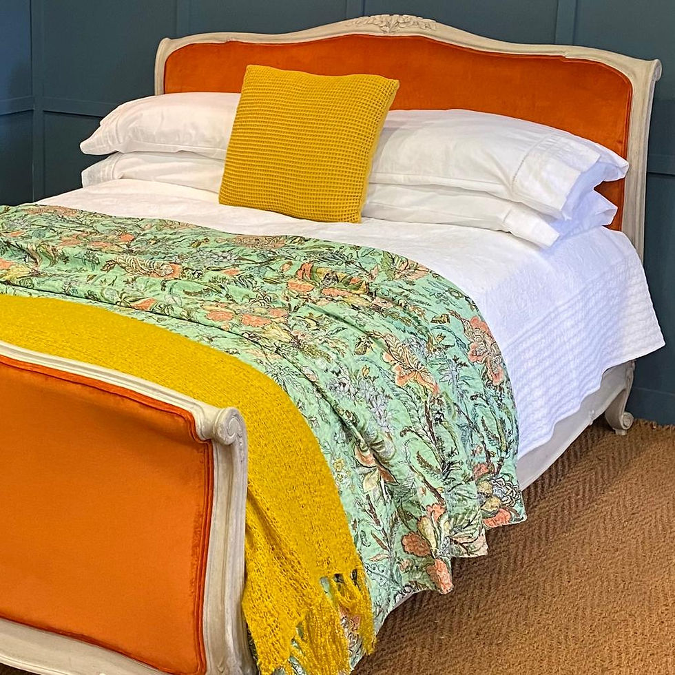 Thumbnail: Antique French Upholstered Bed with carved flower detail