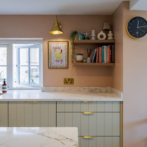 A Contemporary Country Kitchen in Petworth with Checkerboard Marble Floors and Dropcloth Cabinetry